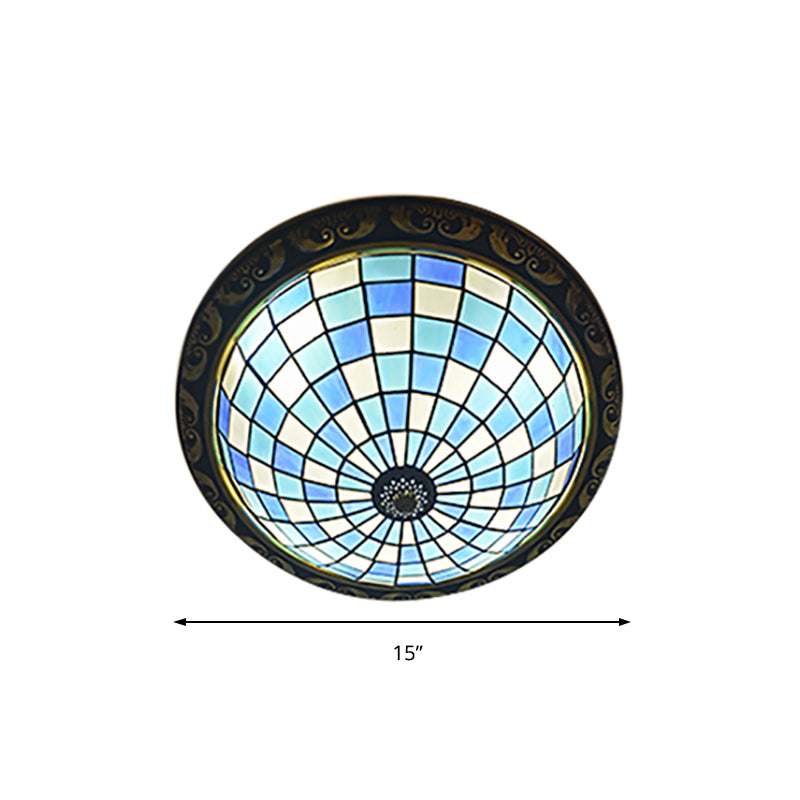 Bowl Shaped Restaurant Ceiling Fixture Art Glass Mosaic Tiffany Flush Ceiling Light in Blue for Barhroom Clearhalo 'Ceiling Lights' 'Close To Ceiling Lights' 'Close to ceiling' 'Flush mount' Lighting' 178174