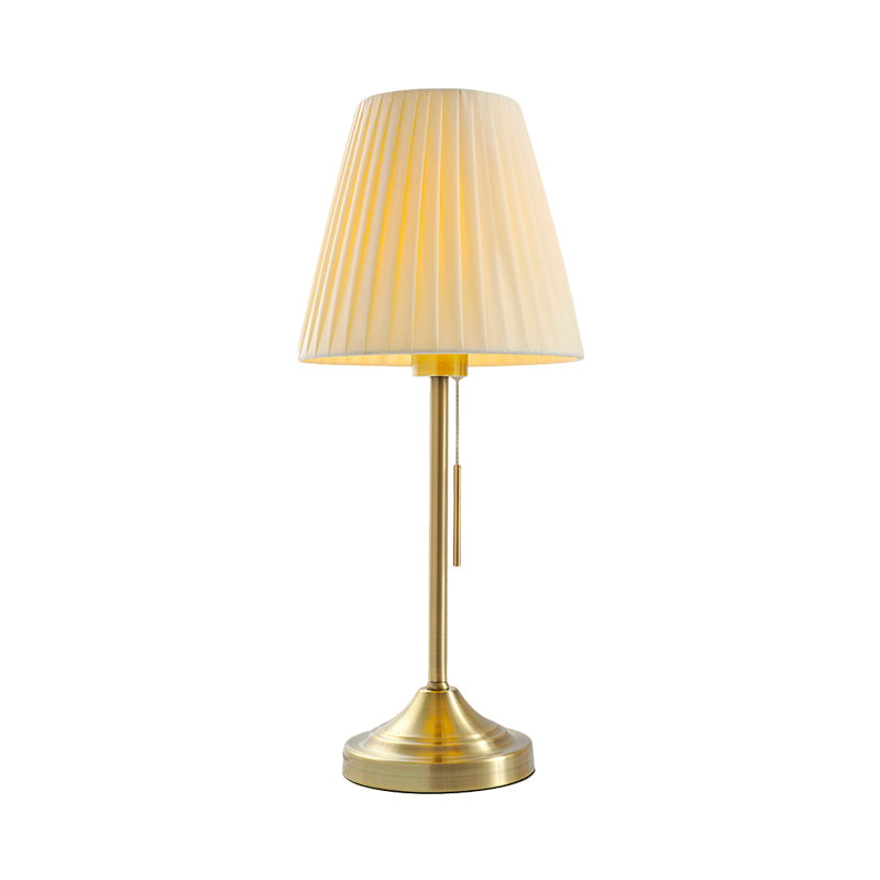Modern Conic Night Lamp Pleated Fabric 1-Light Bedroom Metallic Table Light in Beige/Red with Pull Chain Clearhalo 'Lamps' 'Table Lamps' Lighting' 1781740