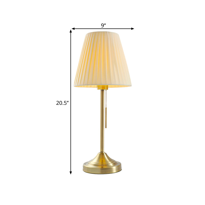 Modern Conic Night Lamp Pleated Fabric 1-Light Bedroom Metallic Table Light in Beige/Red with Pull Chain Clearhalo 'Lamps' 'Table Lamps' Lighting' 1781741