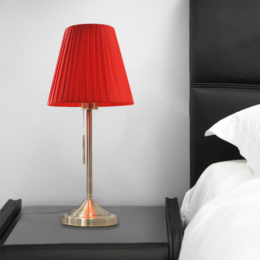 Modern Conic Night Lamp Pleated Fabric 1-Light Bedroom Metallic Table Light in Beige/Red with Pull Chain Red Clearhalo 'Lamps' 'Table Lamps' Lighting' 1781742