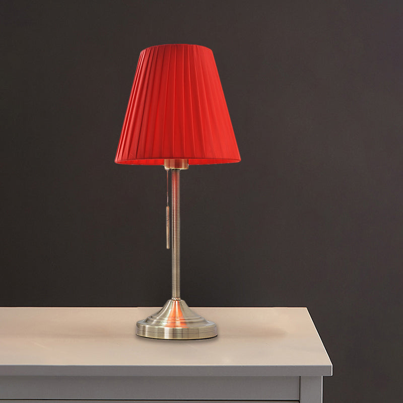 Modern Conic Night Lamp Pleated Fabric 1-Light Bedroom Metallic Table Light in Beige/Red with Pull Chain Clearhalo 'Lamps' 'Table Lamps' Lighting' 1781743