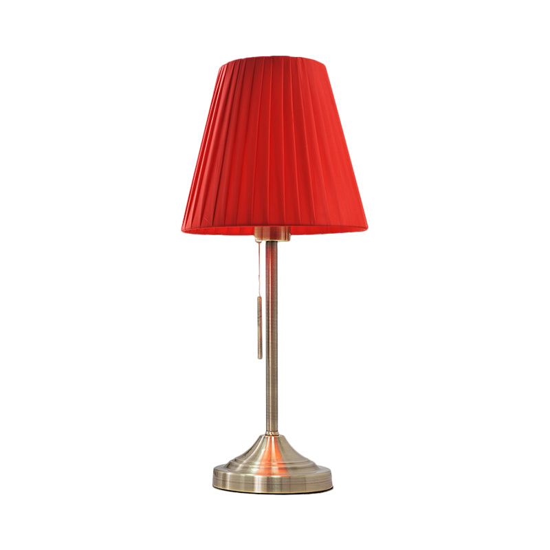 Modern Conic Night Lamp Pleated Fabric 1-Light Bedroom Metallic Table Light in Beige/Red with Pull Chain Clearhalo 'Lamps' 'Table Lamps' Lighting' 1781744