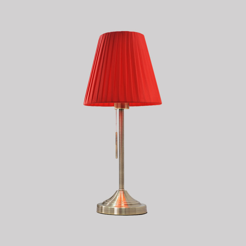 Modern Conic Night Lamp Pleated Fabric 1-Light Bedroom Metallic Table Light in Beige/Red with Pull Chain Clearhalo 'Lamps' 'Table Lamps' Lighting' 1781745