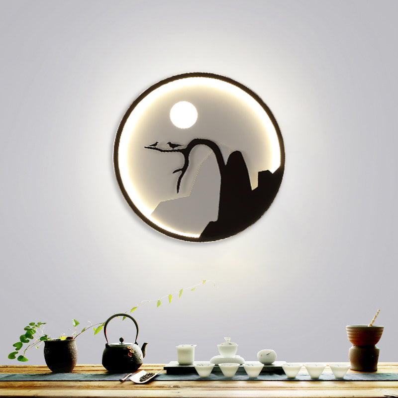 Metallic Round Wall Mounted Light Asian Style LED Wall Mural Lamp with Moon and Bird/Lotus Pattern in Black Black A Clearhalo 'Wall Lamps & Sconces' 'Wall Lights' Lighting' 1781773