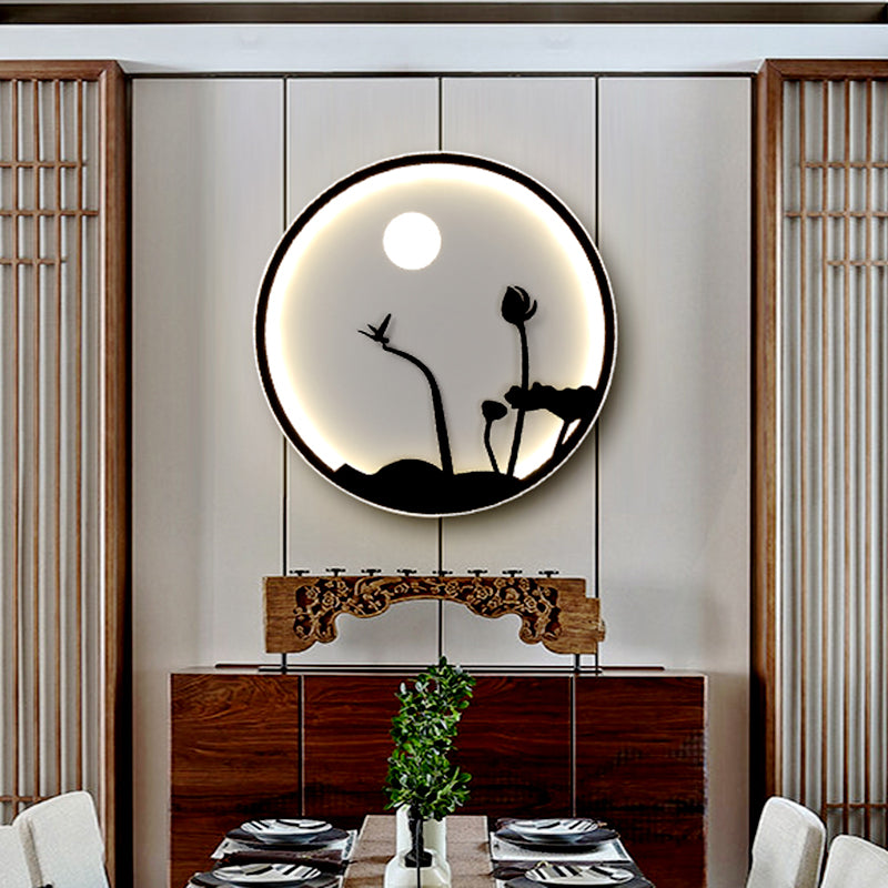 Metallic Round Wall Mounted Light Asian Style LED Wall Mural Lamp with Moon and Bird/Lotus Pattern in Black Black B Clearhalo 'Wall Lamps & Sconces' 'Wall Lights' Lighting' 1781777