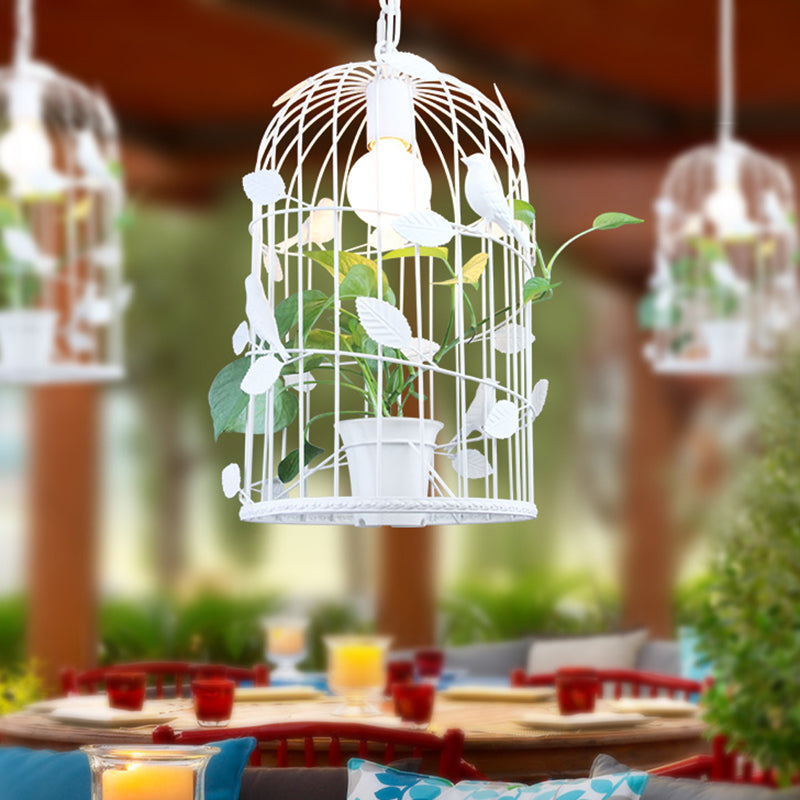 Iron White Suspension Light Birdcage 1 Bulb Warehouse Ceiling Pendant with Inner Plant Deco Clearhalo 'Ceiling Lights' 'Pendant Lights' 'Pendants' Lighting' 1781782