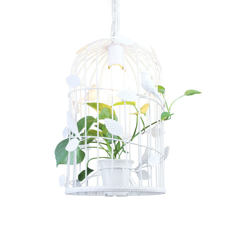 Iron White Suspension Light Birdcage 1 Bulb Warehouse Ceiling Pendant with Inner Plant Deco Clearhalo 'Ceiling Lights' 'Pendant Lights' 'Pendants' Lighting' 1781784