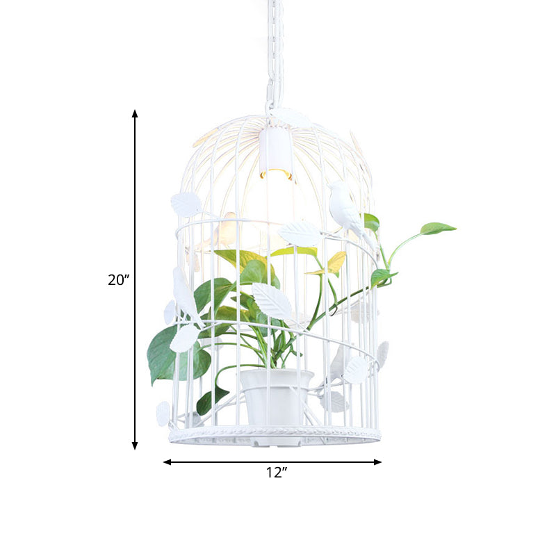 Iron White Suspension Light Birdcage 1 Bulb Warehouse Ceiling Pendant with Inner Plant Deco Clearhalo 'Ceiling Lights' 'Pendant Lights' 'Pendants' Lighting' 1781785