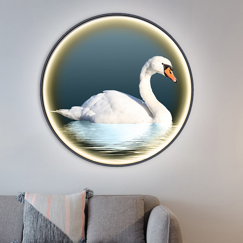 Round Bedroom Wall Mural Lamp Fixture Metal Asian Swan LED Surface Wall Sconce in White, Left/Right Clearhalo 'Wall Lamps & Sconces' 'Wall Lights' Lighting' 1781804