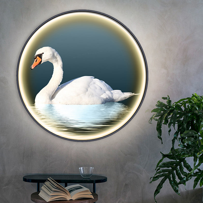 Round Bedroom Wall Mural Lamp Fixture Metal Asian Swan LED Surface Wall Sconce in White, Left/Right Clearhalo 'Wall Lamps & Sconces' 'Wall Lights' Lighting' 1781808