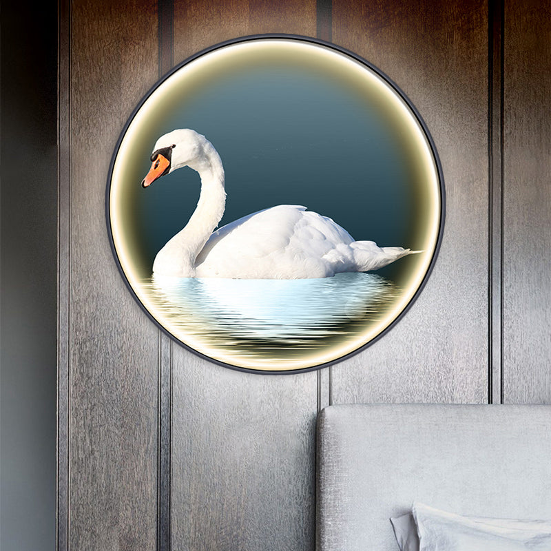 Round Bedroom Wall Mural Lamp Fixture Metal Asian Swan LED Surface Wall Sconce in White, Left/Right Clearhalo 'Wall Lamps & Sconces' 'Wall Lights' Lighting' 1781809