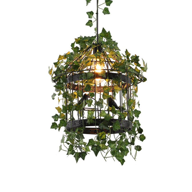 1 Head Metal Suspension Lamp Industrial Black Birdcage Pendant Lighting Fixture with Leaf Deco for Dining Room Clearhalo 'Ceiling Lights' 'Pendant Lights' 'Pendants' Lighting' 1781814