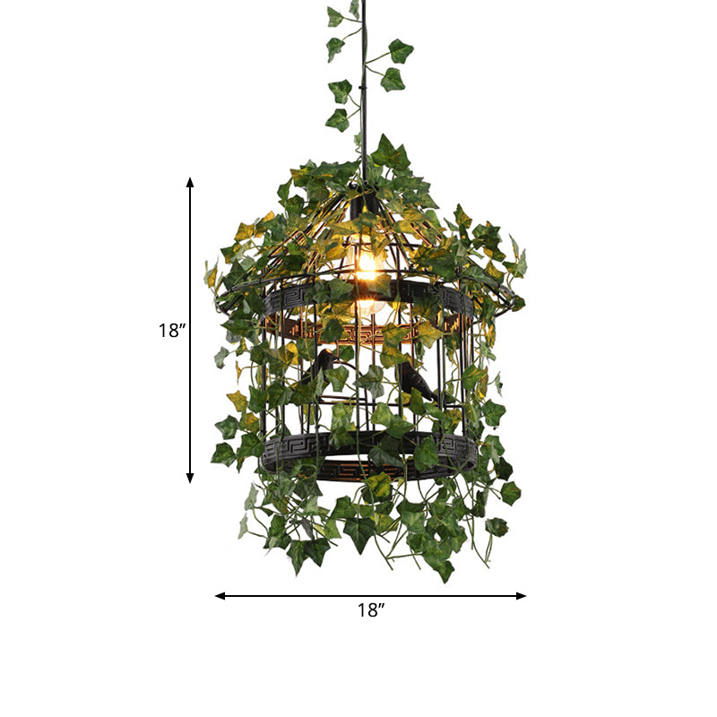1 Head Metal Suspension Lamp Industrial Black Birdcage Pendant Lighting Fixture with Leaf Deco for Dining Room Clearhalo 'Ceiling Lights' 'Pendant Lights' 'Pendants' Lighting' 1781815
