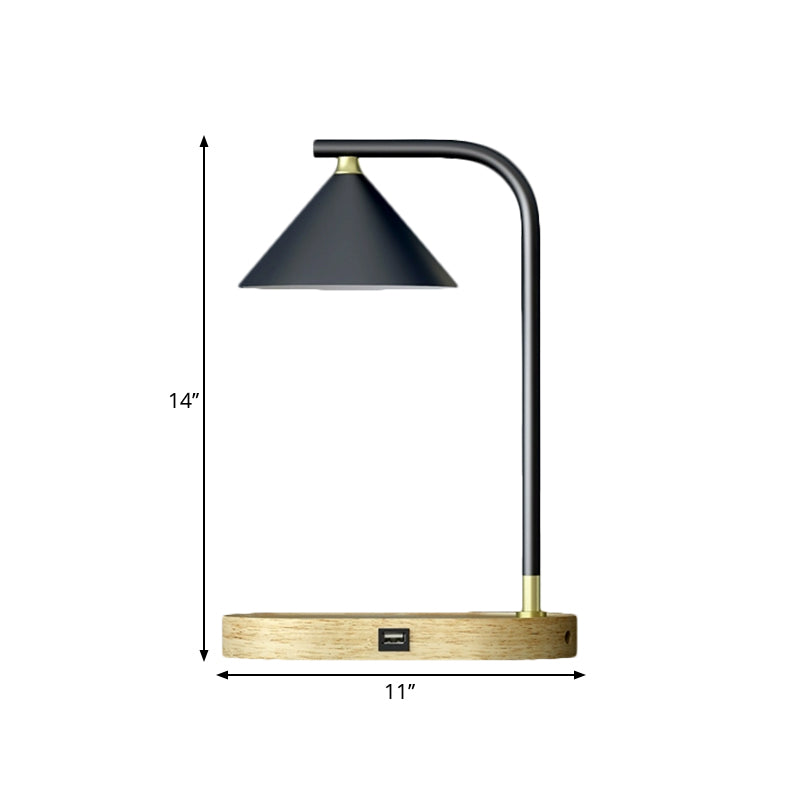 Simple Oblong Night Lighting Wood 1 Bulb Bedroom Desk Lamp in Beige with Conic Metal Shade Clearhalo 'Lamps' 'Table Lamps' Lighting' 1781819