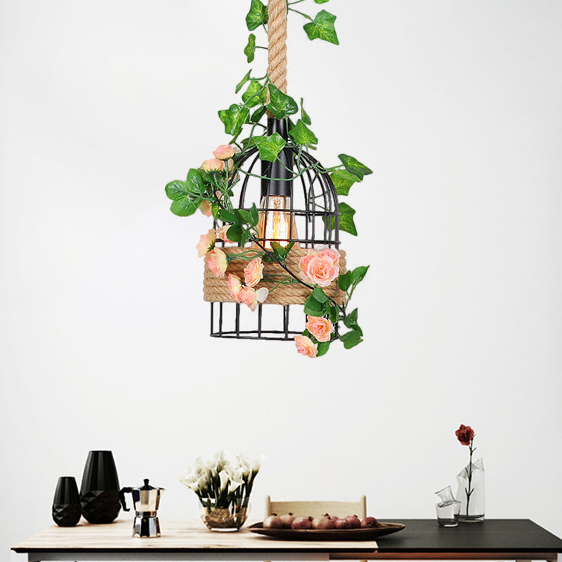 Birdcage Dining Room Ceiling Hang Fixture Antiqued Metal 1 Light Black Rose Pendant Lighting with Rope Rod Clearhalo 'Ceiling Lights' 'Pendant Lights' 'Pendants' Lighting' 1781836