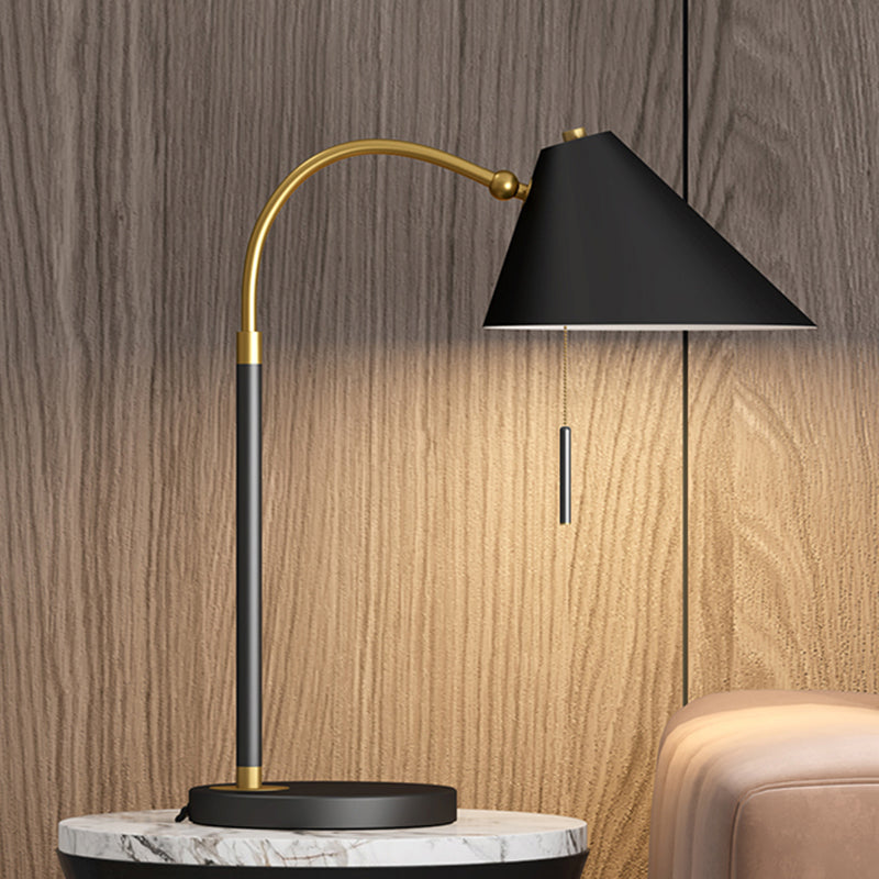 Minimal 1 Bulb Night Table Light Black/White Conic Pull Chain Nightstand Lamp with Metal Shade Clearhalo 'Lamps' 'Table Lamps' Lighting' 1781853