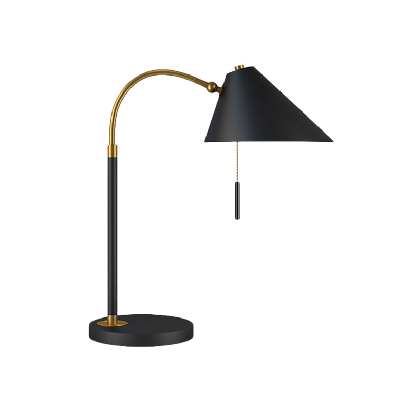 Minimal 1 Bulb Night Table Light Black/White Conic Pull Chain Nightstand Lamp with Metal Shade Clearhalo 'Lamps' 'Table Lamps' Lighting' 1781854