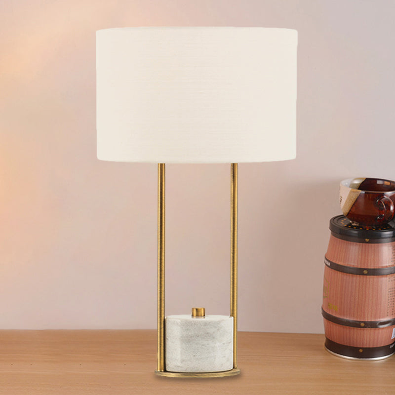 Cylinder Nightstand Lighting Modern Fabric 1 Head Bedroom Night Lamp in White/Beige with Marble Base White Clearhalo 'Lamps' 'Table Lamps' Lighting' 1781861