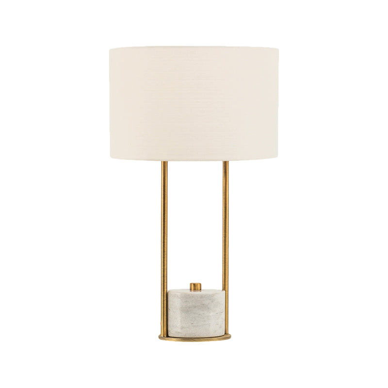 Cylinder Nightstand Lighting Modern Fabric 1 Head Bedroom Night Lamp in White/Beige with Marble Base Clearhalo 'Lamps' 'Table Lamps' Lighting' 1781863