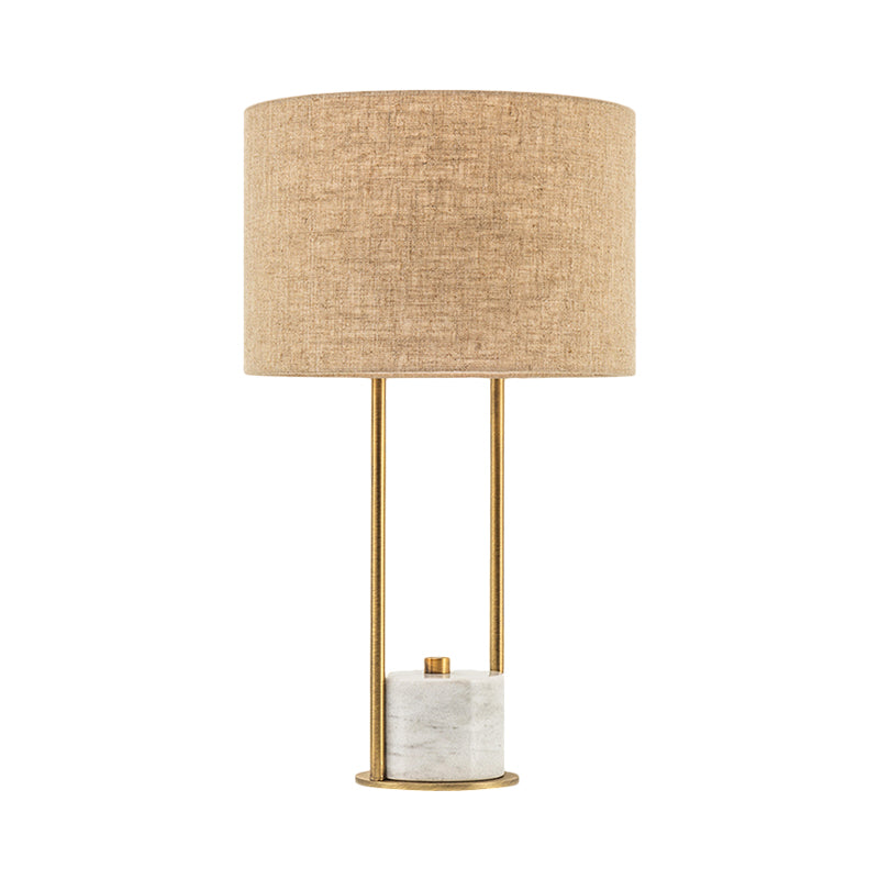 Cylinder Nightstand Lighting Modern Fabric 1 Head Bedroom Night Lamp in White/Beige with Marble Base Clearhalo 'Lamps' 'Table Lamps' Lighting' 1781868