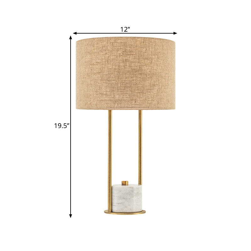 Cylinder Nightstand Lighting Modern Fabric 1 Head Bedroom Night Lamp in White/Beige with Marble Base Clearhalo 'Lamps' 'Table Lamps' Lighting' 1781869