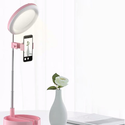 Minimal Ring LED Make-Up Lighting Metal Mobile Phone Holder USB Fill Flush Lamp in Black/White/Pink Pink USB Clearhalo 'Cast Iron' 'Glass' 'Industrial' 'Modern wall lights' 'Modern' 'Tiffany' 'Traditional wall lights' 'Vanity Lights' 'Wall Lights' Lighting' 1781879