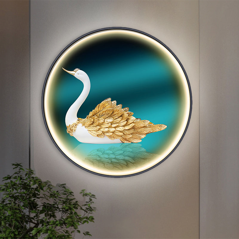 LED Parlor Swan Wall Mounted Light Asian Green Wall Mural Sconce with Round Metal Shade, Left/Right Green Right Clearhalo 'Wall Lamps & Sconces' 'Wall Lights' Lighting' 1781894