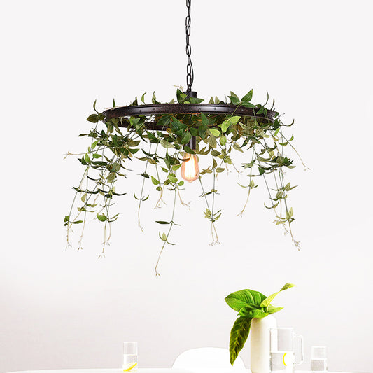 Black Wheel Hanging Lamp Kit Farmhouse Metal 12.5"/15" W 1-Head Restaurant Suspension Pendant Light with Plant Deco Clearhalo 'Ceiling Lights' 'Pendant Lights' 'Pendants' Lighting' 1781903