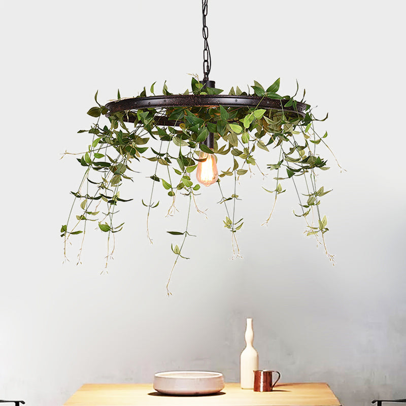 Black Wheel Hanging Lamp Kit Farmhouse Metal 12.5"/15" W 1-Head Restaurant Suspension Pendant Light with Plant Deco Clearhalo 'Ceiling Lights' 'Pendant Lights' 'Pendants' Lighting' 1781904