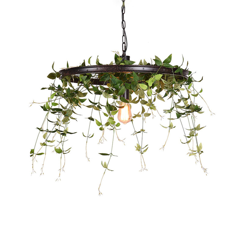 Black Wheel Hanging Lamp Kit Farmhouse Metal 12.5"/15" W 1-Head Restaurant Suspension Pendant Light with Plant Deco Clearhalo 'Ceiling Lights' 'Pendant Lights' 'Pendants' Lighting' 1781905