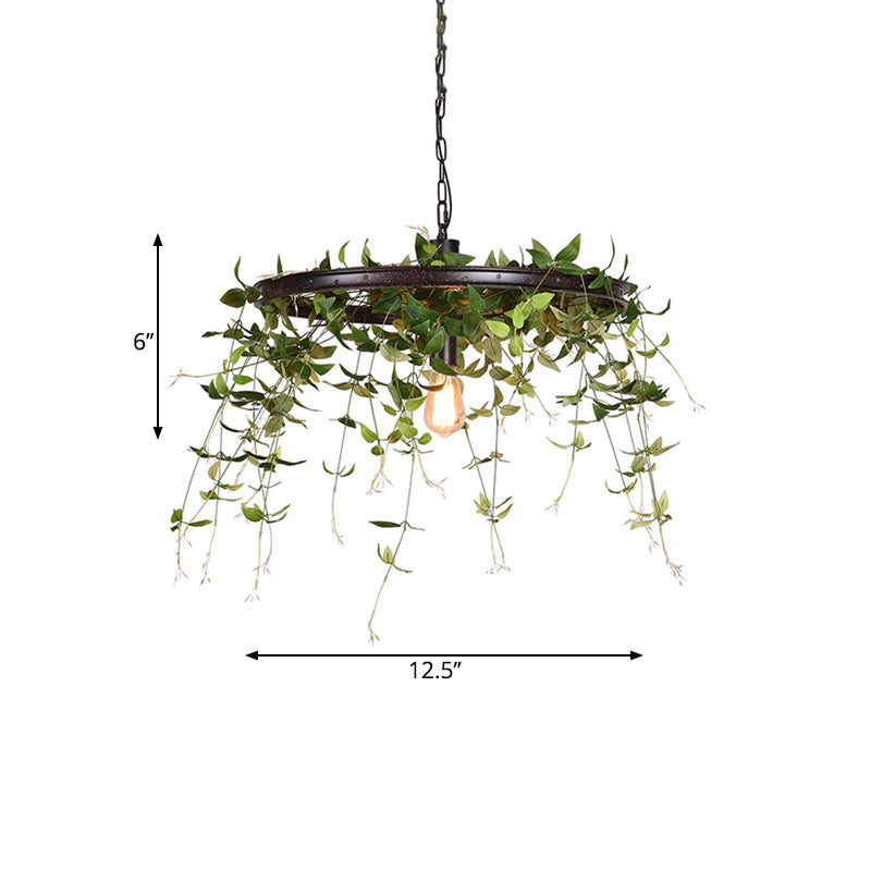 Black Wheel Hanging Lamp Kit Farmhouse Metal 12.5"/15" W 1-Head Restaurant Suspension Pendant Light with Plant Deco Clearhalo 'Ceiling Lights' 'Pendant Lights' 'Pendants' Lighting' 1781906