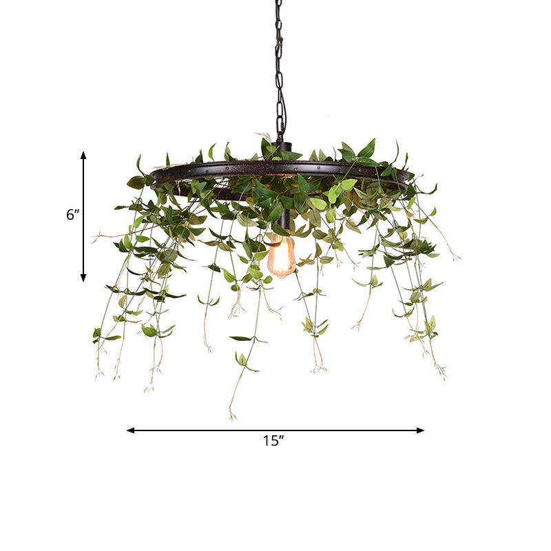 Black Wheel Hanging Lamp Kit Farmhouse Metal 12.5"/15" W 1-Head Restaurant Suspension Pendant Light with Plant Deco Clearhalo 'Ceiling Lights' 'Pendant Lights' 'Pendants' Lighting' 1781907