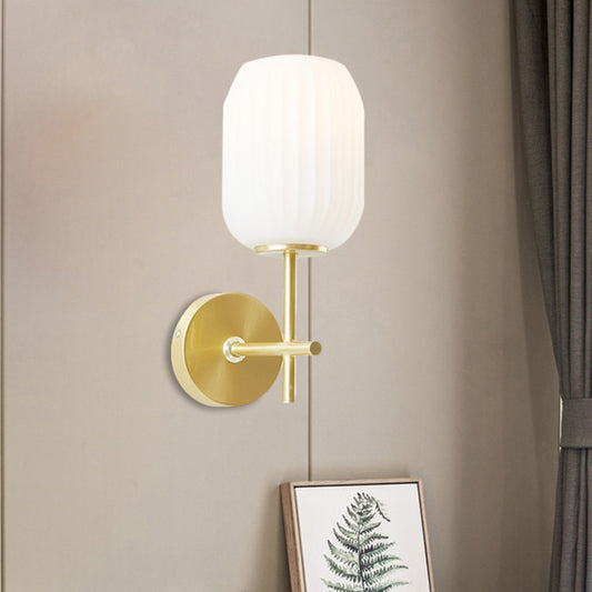 1 Light Bedside Wall Light Fixture Simple Gold Wall Sconce with Lantern Cream Glass Shade Gold Clearhalo 'Cast Iron' 'Glass' 'Industrial' 'Modern wall lights' 'Modern' 'Tiffany' 'Traditional wall lights' 'Wall Lamps & Sconces' 'Wall Lights' Lighting' 1781908