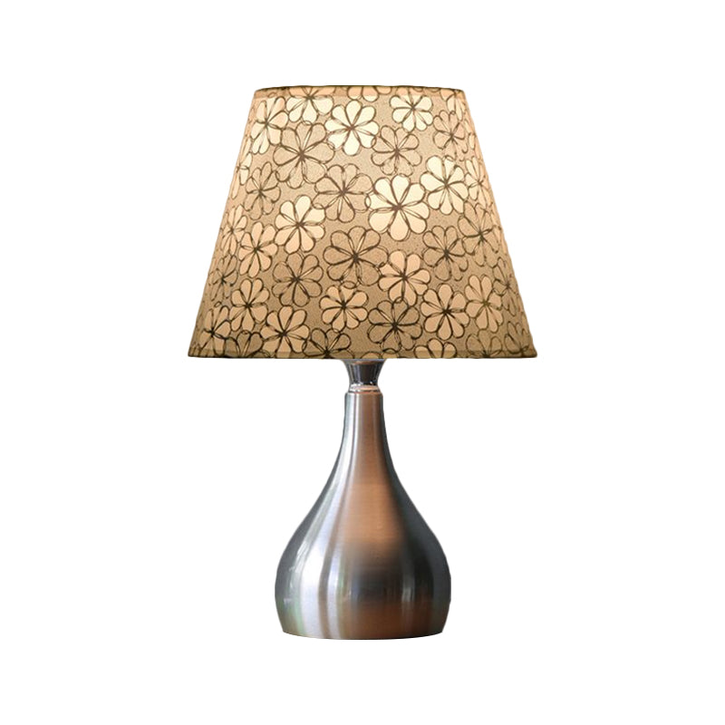 Conic Table Light Modern Fabric 1 Light Grey Floral Patterned Night Lamp with Gourd Silver Metal Base Clearhalo 'Lamps' 'Table Lamps' Lighting' 1781946