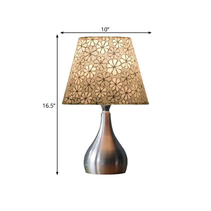 Conic Table Light Modern Fabric 1 Light Grey Floral Patterned Night Lamp with Gourd Silver Metal Base Clearhalo 'Lamps' 'Table Lamps' Lighting' 1781947