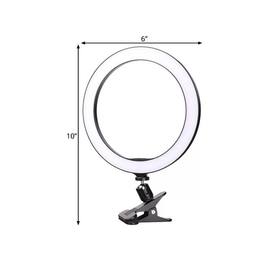 Contemporary Circle Clip on Vanity Light Metal Mobile Phone Holder Portable LED Fill Lamp in Black, 6"/8" Dia Clearhalo 'Cast Iron' 'Glass' 'Industrial' 'Modern wall lights' 'Modern' 'Tiffany' 'Traditional wall lights' 'Vanity Lights' 'Wall Lights' Lighting' 1781976