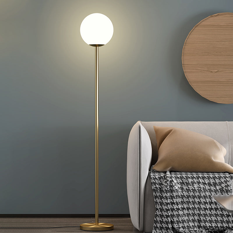 Milky Glass Sphere Reading Floor Light Modern 1 Light Brass Finish Standing Lighting for Bedroom Clearhalo 'Floor Lamps' 'Lamps' Lighting' 1781984