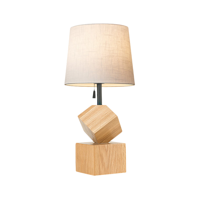 Beige/Brown Barrel Nightstand Lamp Simple 1 Head Fabric Night Table Light with Wood Cubic Base Clearhalo 'Lamps' 'Table Lamps' Lighting' 1781989