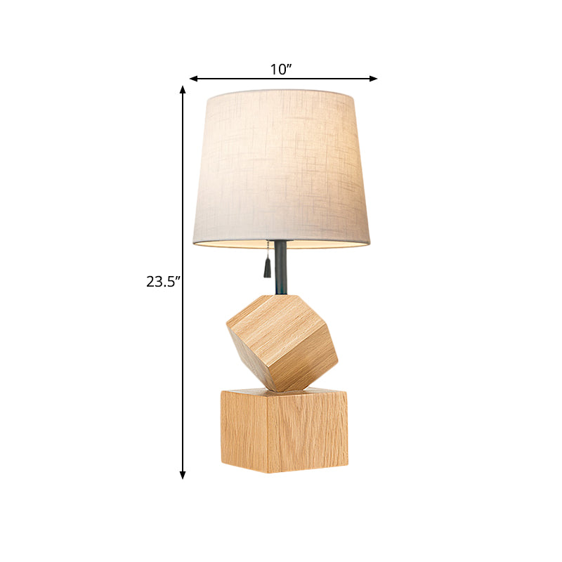 Beige/Brown Barrel Nightstand Lamp Simple 1 Head Fabric Night Table Light with Wood Cubic Base Clearhalo 'Lamps' 'Table Lamps' Lighting' 1781990