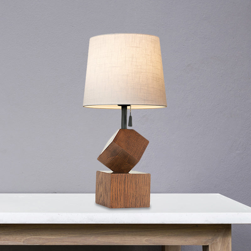 Beige/Brown Barrel Nightstand Lamp Simple 1 Head Fabric Night Table Light with Wood Cubic Base Clearhalo 'Lamps' 'Table Lamps' Lighting' 1781992