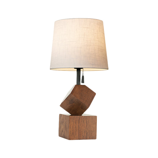 Beige/Brown Barrel Nightstand Lamp Simple 1 Head Fabric Night Table Light with Wood Cubic Base Clearhalo 'Lamps' 'Table Lamps' Lighting' 1781993