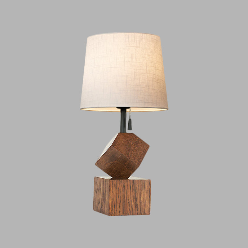 Beige/Brown Barrel Nightstand Lamp Simple 1 Head Fabric Night Table Light with Wood Cubic Base Clearhalo 'Lamps' 'Table Lamps' Lighting' 1781994