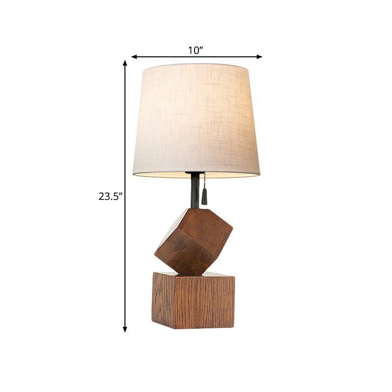Beige/Brown Barrel Nightstand Lamp Simple 1 Head Fabric Night Table Light with Wood Cubic Base Clearhalo 'Lamps' 'Table Lamps' Lighting' 1781995