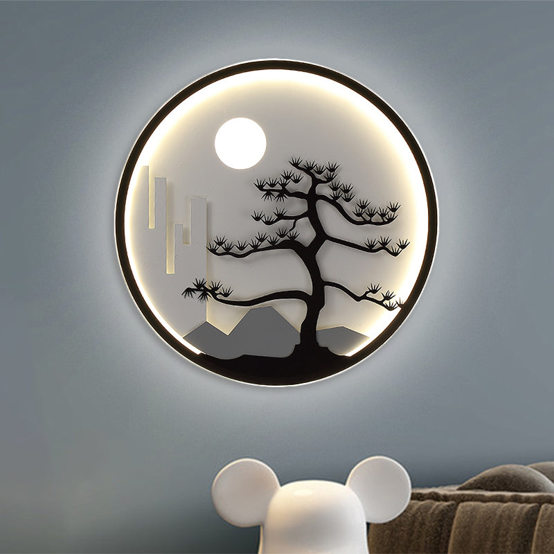 Metal Circular Wall Mural Mount Lighting Asia LED Black Wall Light with Moon and Tree Pattern Black Clearhalo 'Wall Lamps & Sconces' 'Wall Lights' Lighting' 1782014