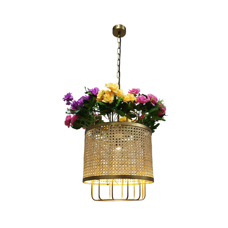 Loft Cylinder Pendant Ceiling Light 1 Light Metal Hanging Lamp Kit in Beige with Floral Deco Clearhalo 'Ceiling Lights' 'Pendant Lights' 'Pendants' Lighting' 1782028