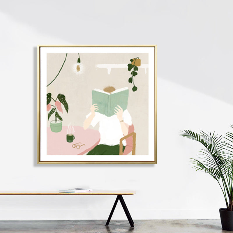 Illustration Boy Reading Book Art Print Green Nordic Style Wall Decor for Bedroom Clearhalo 'Arts' 'Canvas Art' 1782116