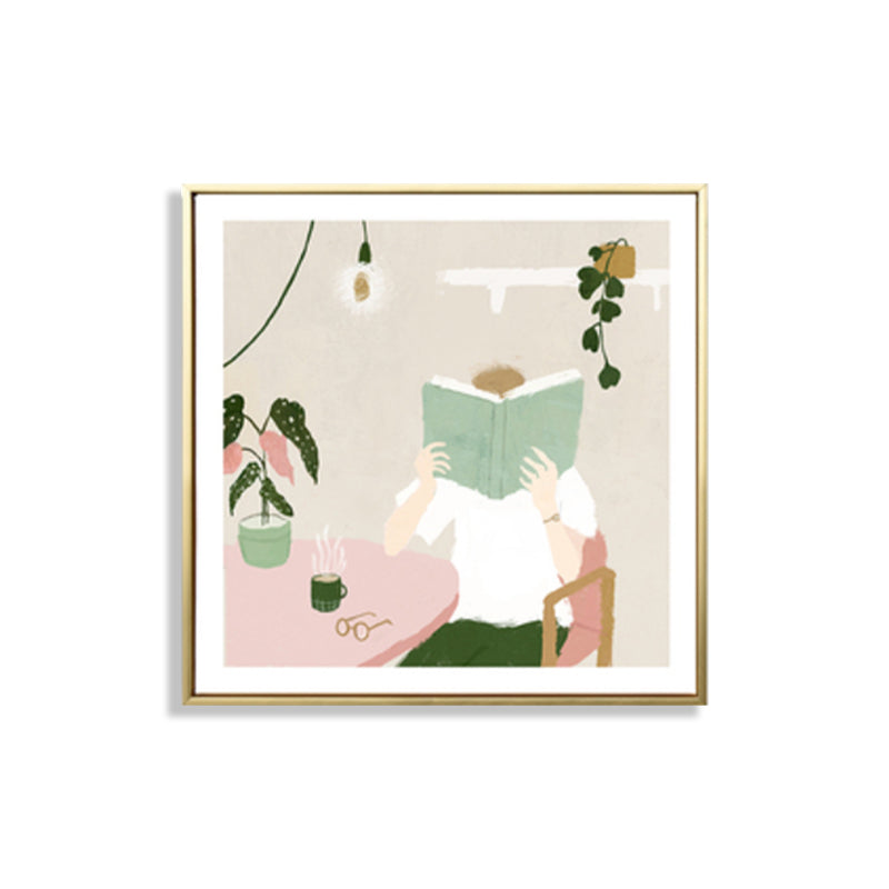 Illustration Boy Reading Book Art Print Green Nordic Style Wall Decor for Bedroom Clearhalo 'Arts' 'Canvas Art' 1782117