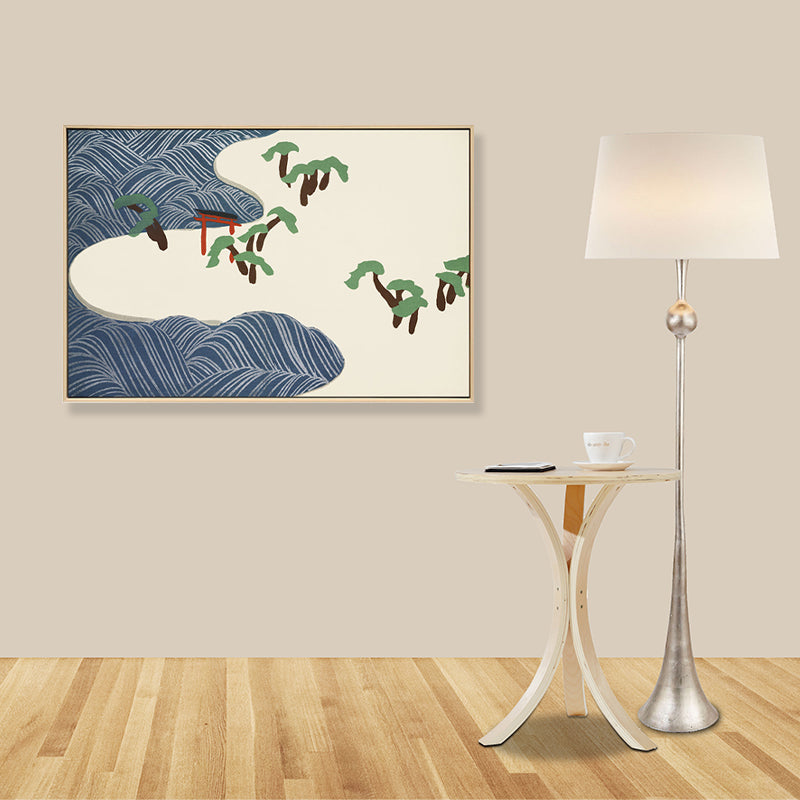 Asian Style Beach Scenery Canvas Blue and Beige Textured Art Print for Living Room Clearhalo 'Arts' 'Canvas Art' 1782152