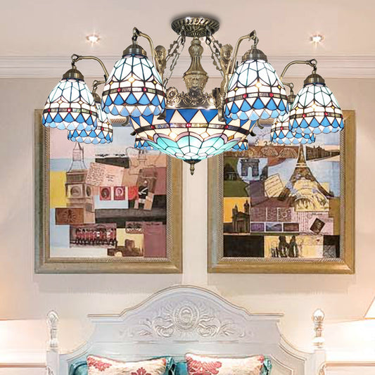 Cone Ceiling Chandelier 7/9 Lights Stained Glass Tiffany Pendant Lamp in Blue 9 Blue Clearhalo 'Ceiling Lights' 'Chandeliers' 'Industrial' 'Middle Century Chandeliers' 'Tiffany Chandeliers' 'Tiffany close to ceiling' 'Tiffany' Lighting' 178215