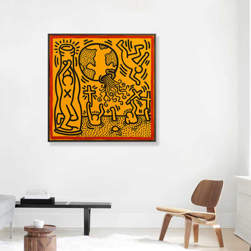 Yellow Pop Art Canvas Print Illustration Keith Haring Figure Drawing Wall Decor for Room